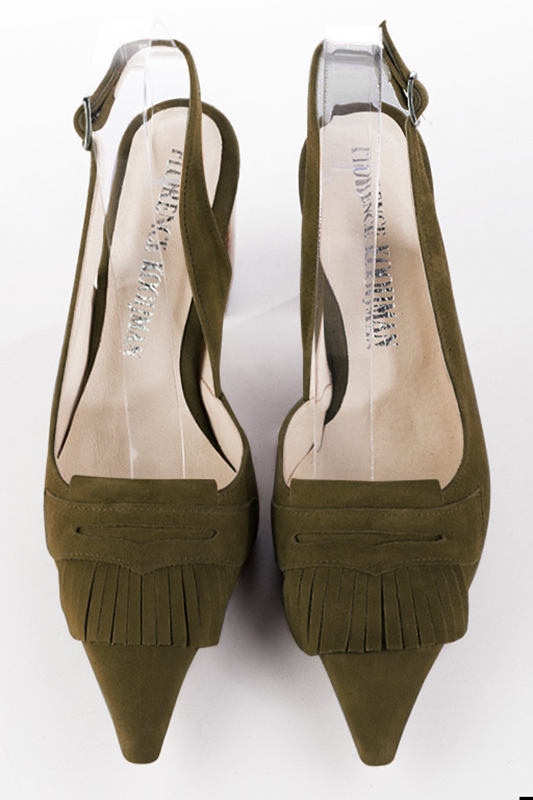 Khaki green women's slingback shoes. Pointed toe. High block heels. Top view - Florence KOOIJMAN